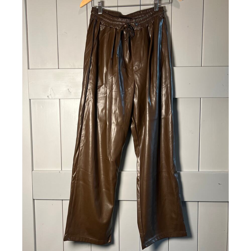 Olivaceous Faux Leather Pull On Elastic Waist Wide Leg Brown‎ Pants Size S